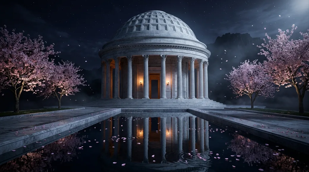The open rotunda above its reflecting pool, framed by cherry blossom